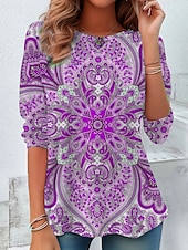 abordables T-shirt Boho-Femmes T-shirt Fleuri Graphique Paisley ancien Élégant Classique manche longue Col ras du cou Hauts Réguliers Quotidien Week-end Imprimé Bleu Violet Orange Vert Été