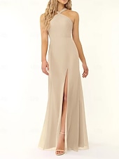 baratos Vestidos para Madrinhas-Vestido de dama de honra sereia/trompete, decote halter, sem mangas, elegante, longo, chiffon, com fenda frontal 2025
