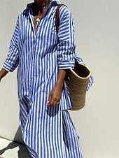 abordables concevoir des robes en coton et lin-Femmes Robe Midi Robes inspirées du lin Robe Chemise Robe Décontractée Mode Moderne Quotidien Plage Week-end Coupe régulière Rayé manche longue Col de chemise Rose Claire Marron clair Bleu Ét