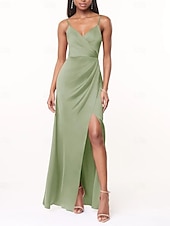 cheap Bridesmaid Dresses-A-Line Bridesmaid Dress V Neck / Spaghetti Strap Sleeveless Elegant Floor Length Charmeuse with Split Front / Ruching