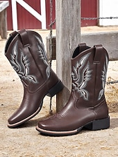abordables Cowboy et bottes occidentales-bottes de cowboy mi-mollet brodées pour femmes, bottes western en similicuir pour les travaux agricoles, les célébrations des récoltes et les événements rustiques en plein air