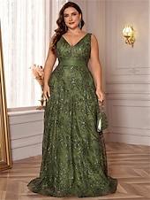 preiswerte SCHWARZ-A-Linie Plus Size Kleider Elegantes Kurvenkleid Formelles Hochzeitskleid Bodenlang Ärmellos V-Ausschnitt Spitze mit Pailletten 2025