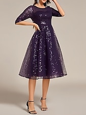 cheap Wedding Guest Dresses-A-Line Wedding Guest Dresses Elegant Dress Wedding Guest Homecoming Knee Length Half Sleeve Crew Neck Sequined with Pleats Sequin