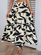 billiga Grafiska kjolar-Dam Kjol A-linje Mode Ledigt Maxi Hög midja Kjolar Trä / löv Ficka Mönster Elastisk Gata Dagligen Vit Grön Sommar Polyester