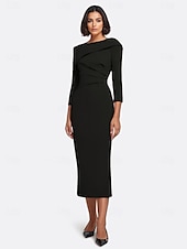 levne modrá-Šaty sheath  sloupec koktejlové šaty Elegantní šaty formální svatební host délka nad kotníky rukáv 3/4 bez ramene elastická krepa s nařasením