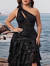 olcso Fekete-A-vonalú Quinceanera Ruhák Elegáns Görbe Ruha Formális Esküvői Padló Hossza Ujj Nélküli Egy Vállas Csipke Ráncokkal