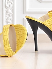 abordables Fête de la Vie Nocturne-Sandales à talons hauts jaunes à motif crocodile pour femmes avec bride à boucle - Chaussures de soirée audacieuses à bout ouvert pour la vie nocturne, les clubs et les événements estivaux