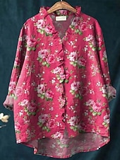 abordables Tops à Rayures et Géométriques pour Femmes-Femmes Chemise Fleuri Élégant Occasionnel manche longue Col en V Hauts Réguliers Quotidien Boutons Imprimé Rose Claire Rouge Bleu Fuchsia Vert Été Printemps