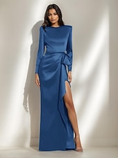 baratos Vestidos de noite tipo tubinho-Vestido de Noite Black Tie Sereia  Trompete Vestido Elegante Formal Casamento Comprimento de Piso Manga Longa Vestido de Cetim Decote Redondo com Laço(s) Fenda com Pregas