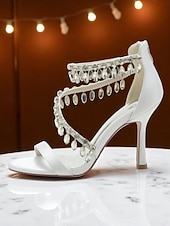 preiswerte Cocktail-Weiße Damensandalen mit Stilettoabsatz, offene Abendschuhe mit Kristallfransenriemen für formelle Anlässe und Abendpartys