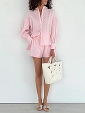 tanie Zestawy-Damskie Moda Moda miejska Codzienny Zestawy spodenek Długi rękaw Kołnierzyk koszuli Jednokolorowe Codzienny Dzienne zużycie Biały Rumiany róż Niebieski Lato Luźna