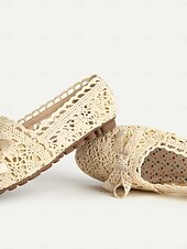 levne Dámské nazouváky a mokasíny-Dámské béžové krajkové balerínky s mašlí – elegantní boty inspirované vintage stylem pro běžné každodenní nošení i letní výlety