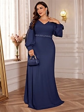 preiswerte BLAU-A-Linien Plus Size Kleider Elegantes Kurvenkleid Formelles Hochzeitsbodenlänges Langärmel V-Ausschnitt Chiffon mit Perlen 2025