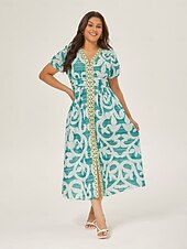 abordables Robes de vacances-robe mi-longue à manches bouffantes et col V