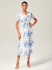 abordables Robes fleuries élégantes-robe longue en mousseline délavée à fleurs bleues