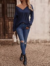 billige Plain t-skjorte-Dame Bluse Helfarge Stilfull Fritid Langermet V-hals Vanlige topper Daglig Knapper Svart Hvit Vin Militærgrønn Navyblå Sommer Vår