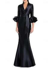 preiswerte SCHWARZ-schwarz-weißes Abendkleid Meerjungfrau/Trompete Abendkleid elegantes Kleid formelle Hochzeit bodenlang Halbarm Hemdkragen Stretch-Satin mit Rüschen 2025