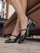 billige 1950-tallet-Dame vintage lyseblå lakksko med Mary Jane-blokkhæl – retro pensko i 1950-tallsstil for tenåringer og damer, ideelle for fester, skolearrangementer og hverdagslige elegante antrekk