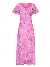 billiga Blommiga klänningar-Dam Maxiklänning A linjeklänning Semester Ledigt Boho Utomhus Utekväll Normal Blommig Kortärmad V-hals Purpur Fuchsia Orange Grå Sommar