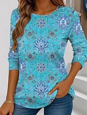 billige Boho t-skjorte-Dame T skjorte Grafisk Geometri Stilfull Fritid Langermet Crew-hals Vanlige topper Daglig Helg Trykt mønster Gul Blå Fuksia Oransje Sommer