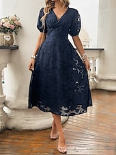 abordables Robe Simple-Femmes Robe Midi Robe trapèze Vacances Occasionnel Boho Extérieur Sortir Plage Coupe Ample Couleur Unie manche longue Col en V Noir Rouge Bleu Marron Été Printemps