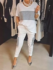ieftine Costume de bluză de damă-Pentru femei Modă Șic Stradă Zilnic Seturi de pantaloni Manșon Jumate Rotund Dungi Imprimeu Casual Zilnic Negru Alb Mov Vară Fit regulat