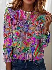 billige Boho t-skjorte-Kvinners Tunika T-skjorte Mote Uformell Trykk Langermet Vanlige topper Rund hals Daglig Blå Himmelblå Vår Høst