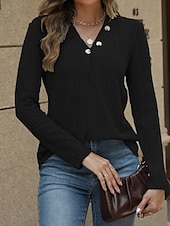 preiswerte Einfarbige Farben-Damen Bluse Einfach Modern Lässig Langarm V Ausschnitt Normale Oberteile Täglich Ausgehen Knöpfe Schwarz Blau Fuchsie Braun Grün Herbst