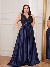 cheap BLACK-A-Line Plus Size Dresses Elegant Curve Dress Formal Wedding Floor Length Sleeveless V Neck Satin V Back with Pleats