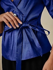 ieftine Topuri imbracate-Pentru femei Bluză Topuri de seară Elegant Metalic Stilat Lungime Manșon 3/4 În V Topuri obișnuite Invitat la nunta Serată Semi formal cravata fata Bleumarin Primăvară, toamnă, iarnă, vară