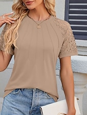 preiswerte Einfarbiges T-Shirt-Damen T Shirt Einfach Mode Stilvoll Klassisch Kurzarm Rundhalsausschnitt Normale Oberteile Täglich Wochenende Patchwork Weiß Rosa Blau Khaki Sommer