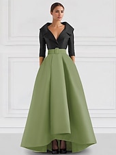 cheap BLUE-Blue Red A-Line Satin Formal Evening Gown Elegant Fall Wedding Guest Dress Tuxedo Dress Asymmetrical 3/4 Length Sleeve Shirt Collar with Pocket
