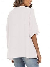 preiswerte Damen Einfache Oberteile-Damen Hemd Einfarbig Blumen Lässig Boho Dreiviertelarm Ellbogenärmel Rundhalsausschnitt Normale Oberteile Täglich Ausgehen Rüsche Bestickt Schwarz Weiß Rote Khaki Sommer