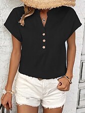 abordables Hauts Unis pour Femmes-Femmes Hauts d&#039;été ancien Occasionnel Manche Courte Col en V Hauts Réguliers Quotidien Week-end Boutons Noir Blanche bleu marine Été