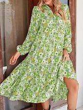 economico Abiti floreali-Per donna Abito Midi Abito a trapezio Casual All&#039;aperto Uscire Vestibilità regolare Floreale Grafico Manica Lunga Scollo a V Marrone chiaro Azzurro cielo Arancione Verde Estate