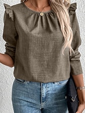 billige Plain t-skjorte-Dame T skjorte عادي Mote Moderne Fritid Langermet Crew-hals Vanlige topper Daglig Helg Drapering Knapper Svart Navyblå Kakifarget Grå Sommer