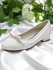 abordables Occasionnel-Ballerines en dentelle blanche pour femme avec nœud – Chaussures de mariage à talon bas pour mariée ou demoiselle d&#039;honneur