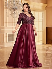 economico ROSSO-A-Line Taglie Forti Abiti Elegante Curve Abito Formale Matrimonio Lunghezza Piena Manica Mezza V Collo Poliestere con Pieghe 2025