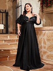 economico NERO-Abito da sera A-Line elegante formale da matrimonio lunghezza a terra maniche corte scollatura a cuore in raso con pieghe