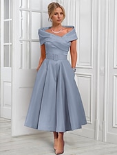 cheap Cocktail Dresses-A-Line Cocktail Dresses Elegant Dress Formal Wedding Tea Length Midi Length Sleeveless Adjustable Cover Buttons Off Shoulder Satin with Pleats