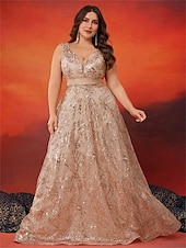 preiswerte SCHWARZ-A-Linie Plus Size Kleider Elegantes Kurvenkleid Formelles Hochzeitskleid Bodenlang Ärmellos V-Ausschnitt Spitze mit Pailletten 2025