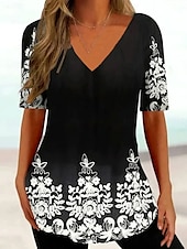 billige Boho t-skjorte-Dame T skjorte Nyanse Blomstret Grafisk Bohem Årgang Klassisk Kortermet V-hals Vanlige topper Daglig Ut på byen Helg Trykt mønster Svart og Hvit Navyblå Lilla Sommer Vår