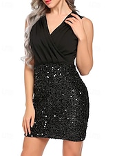 levne Jednoduché šaty-Dámské Mini šaty Flitrové šaty Šaty na párty Bodycon Módní Moderní Párty Koktejlový večírek Rande Běžný Barevné bloky Bez rukávů Do V Stříbrná Černá Zlatá Léto