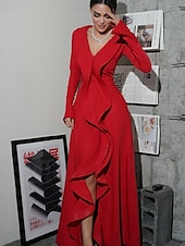 preiswerte ROT-Meerjungfrau  Trompeten Abendkleid Elegantes Kleid Formale Hochzeit Bodenlang Langarm V-Ausschnitt Stretch-Crêpe mit Rüschen
