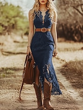 abordables Robes Bohémiennes-Femmes Robe Midi Robe bohème Robe occidentale Mode Moderne Extérieur Quotidien Sortir Coupe régulière Uni Sans manches Col en V Bleu de minuit Été