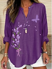 abordables Hauts Floraux-Femmes Hauts d&#039;été Fleuri Graphique ancien Tropical Hawaïen manche longue Col en V Hauts Réguliers Quotidien Fête Tenue de plage Imprimé Blanche Rose Claire Violet Fuchsia Gris Été Printemps