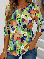 Maglietta da donna a manica lunga con scollo a girocollo tunica grafica floreale vintage elegante casual tops regolari stampa weekend rossa blu viola verde estate economico Maglietta Arte & Design-Maglietta da donna a manica lunga con scollo a girocollo tunica grafica floreale vintage elegante casual tops regolari stampa weekend rossa blu viola verde estate