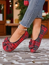 preiswerte Ballerinas für Damen-Ballerinas mit roter Schottenkaro-Schleife für Damen – Festtags-Ballerinas für Weihnachtsfeiern, Teepartys im Garten und gemütliche Abende