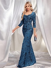 cheap BLUE-Mermaid / Trumpet Quinceanera Dresses Elegant Dress Formal Wedding Floor Length Long Sleeve Sweetheart Sequined with Sequin