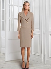 abordables Ensembles de robes pour maman-Robe en tricot bouclé en tweed, ensemble deux pièces, fourreau/colonne, robe mère de la mariée, élégante, simple, minimaliste, col en V, revers, longueur thé, manches 3/4 avec bouton en métal doré